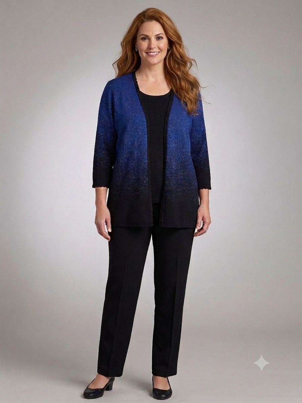 Alfred Dunner Blue-to-Black Ombre Open-Front Cardigan     HJ 25